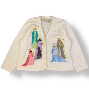 Design Options by Philip and Jane Gordon White Nativity Cardigan Sweater Size XL
